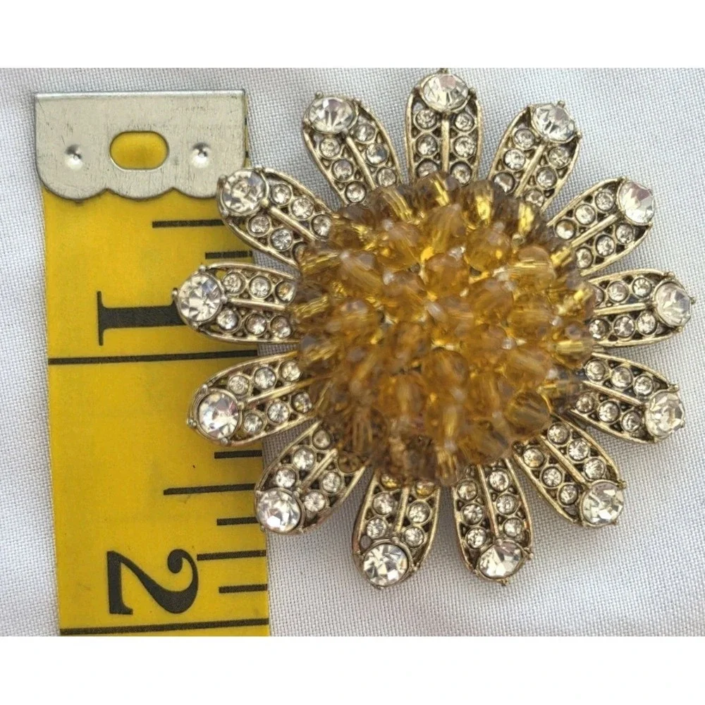 Vintage Sunflower Amber / Clear Rhinestone Petals Goldtone